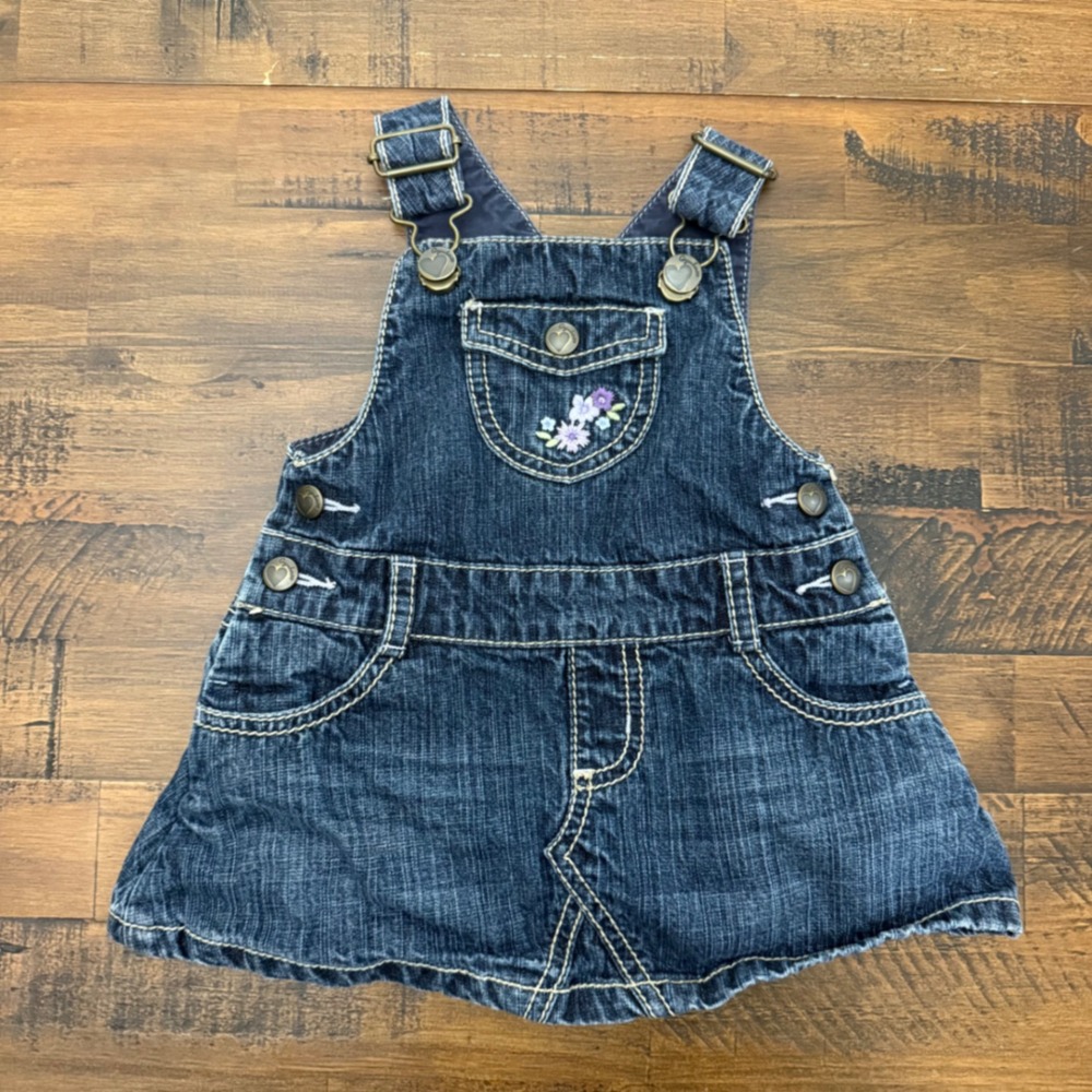 VTG Gymboree Girls Denim Overall Jumper Dress Cowboy Heart 6-12 Months